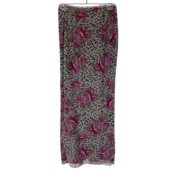 Princess Polly Skirt Brown Pink Maxi Back Slit Leopard Floral Women's Size 4 - Picture 1 of 9